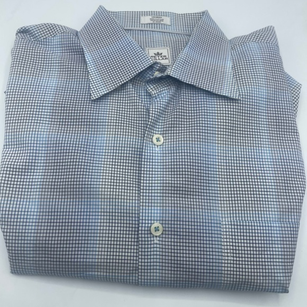 Peter Millar Men’s Long Sleeve‎ Button Front Large Plaid Shirt White Blue Black
